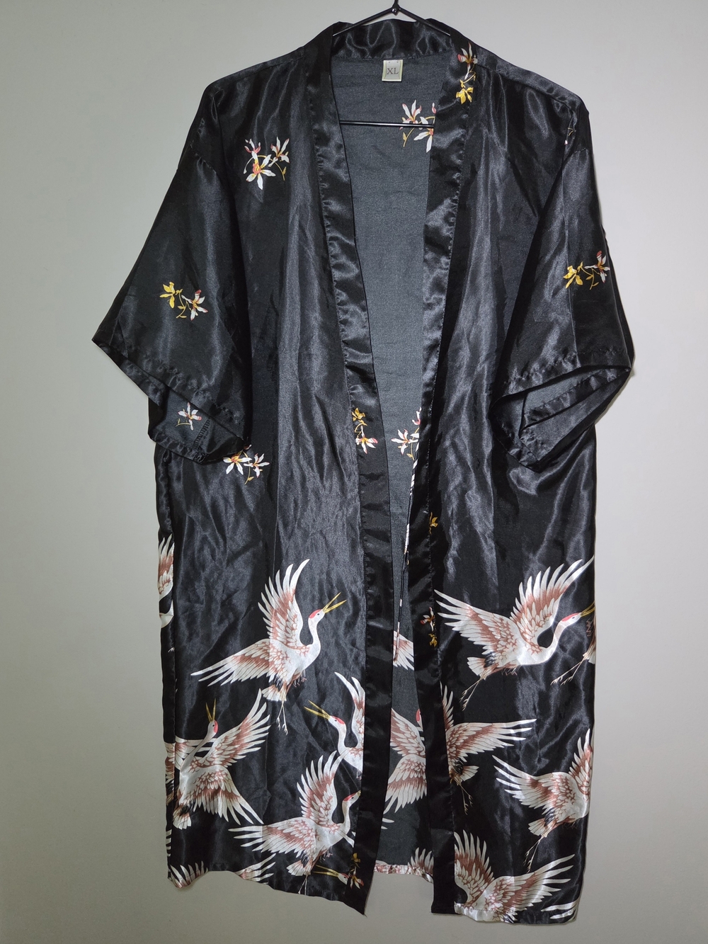 Black Satin Crane-Print Kimono Robe - XL